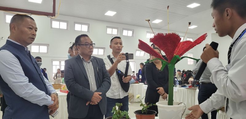 Advisor Dr Kekhrielhoulie Yhome inspects the models of State level Science, Mathematics & Environment Exhibition 2023 in Kohima on July 27.(Morung Photo)